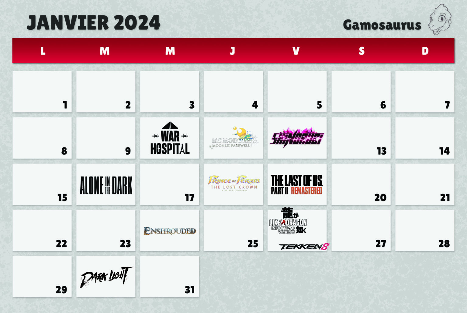 2024 Video game release calendar for January 2024 Gamosaurus