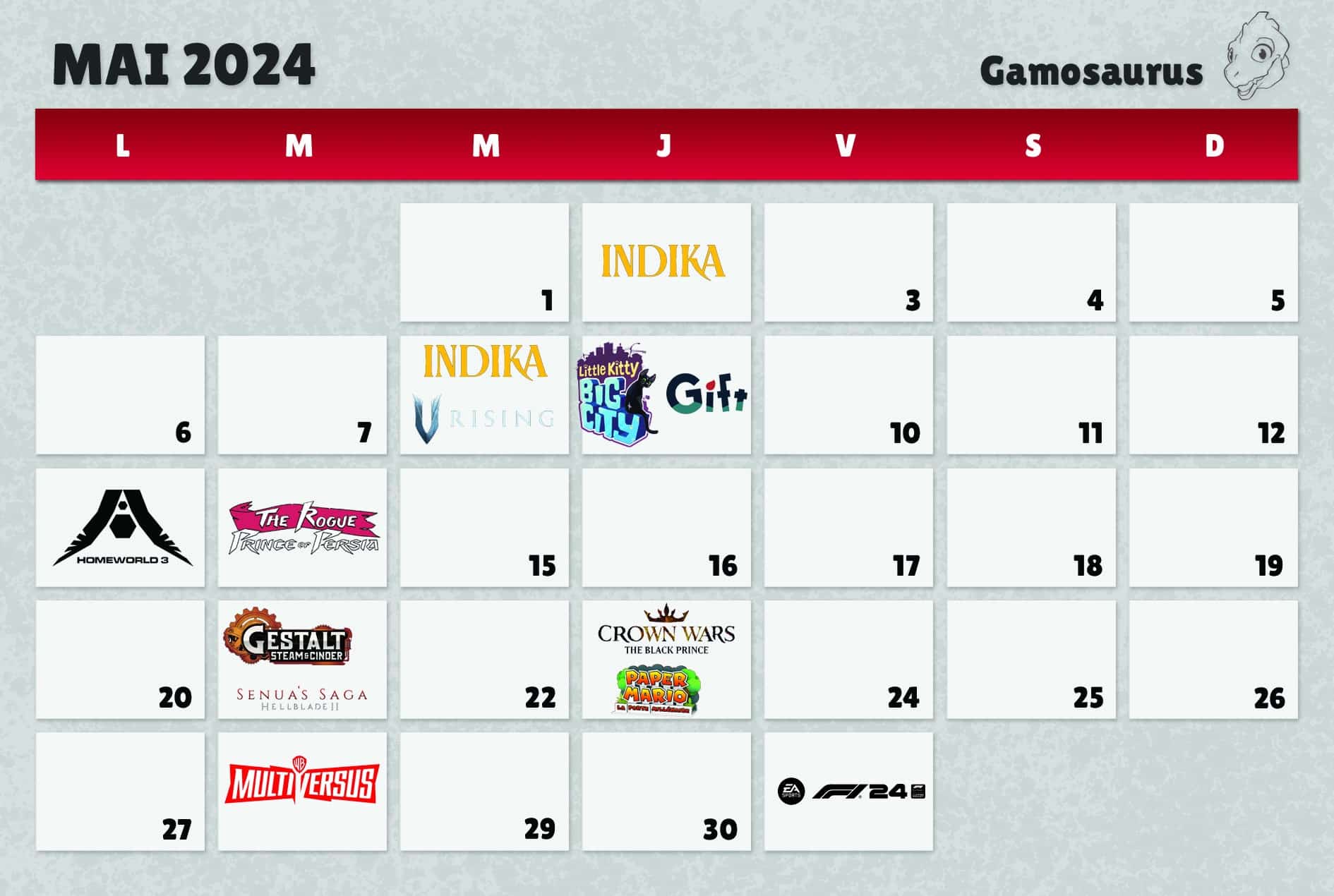 2024 Video game release calendar for May 2024 Gamosaurus